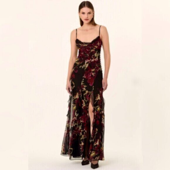 NWT Nicholas Kamila Ruffle Cowl Gown in Water Color Floral Maxi Dress - Picture 1 of 16